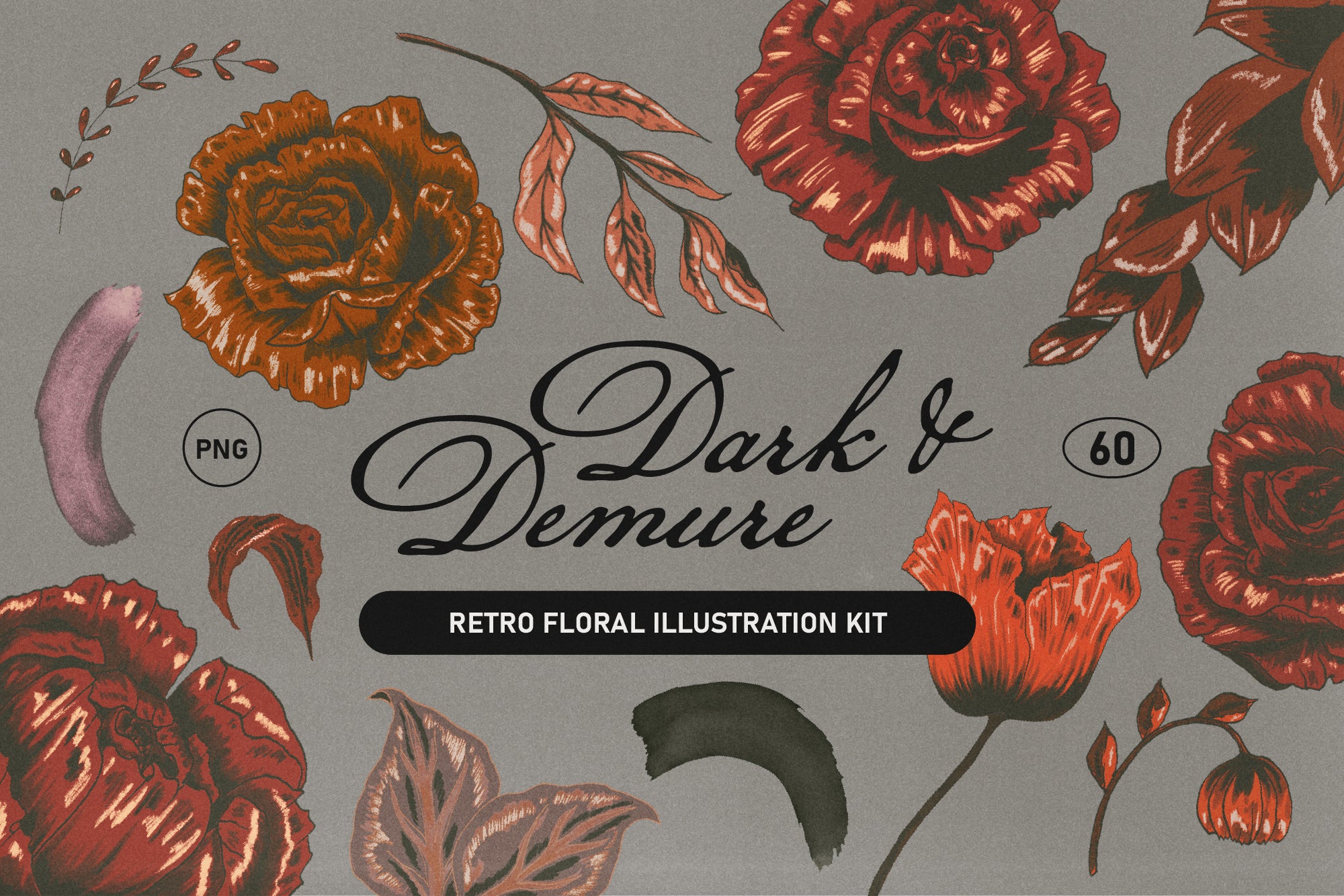 Dark retro floral illustration set with moody Victorian botanical forms in deep shadow tones