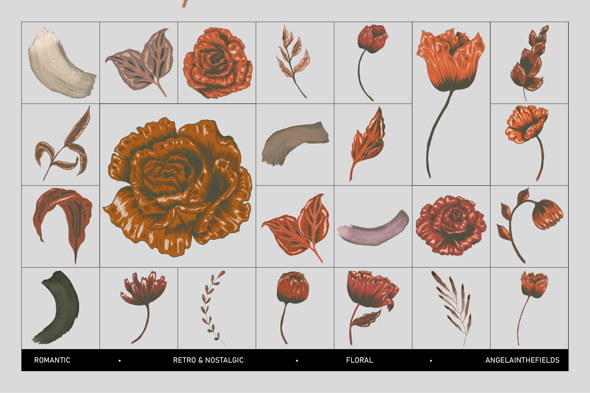 Dark Retro Floral Illustration Set