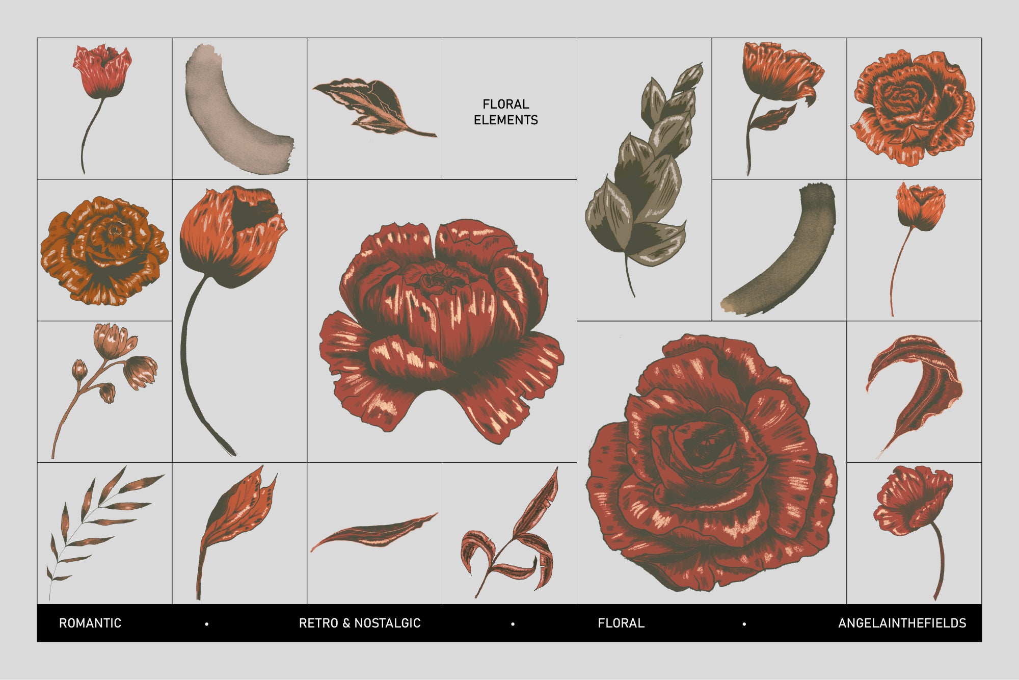 Dark Retro Floral Illustration Set