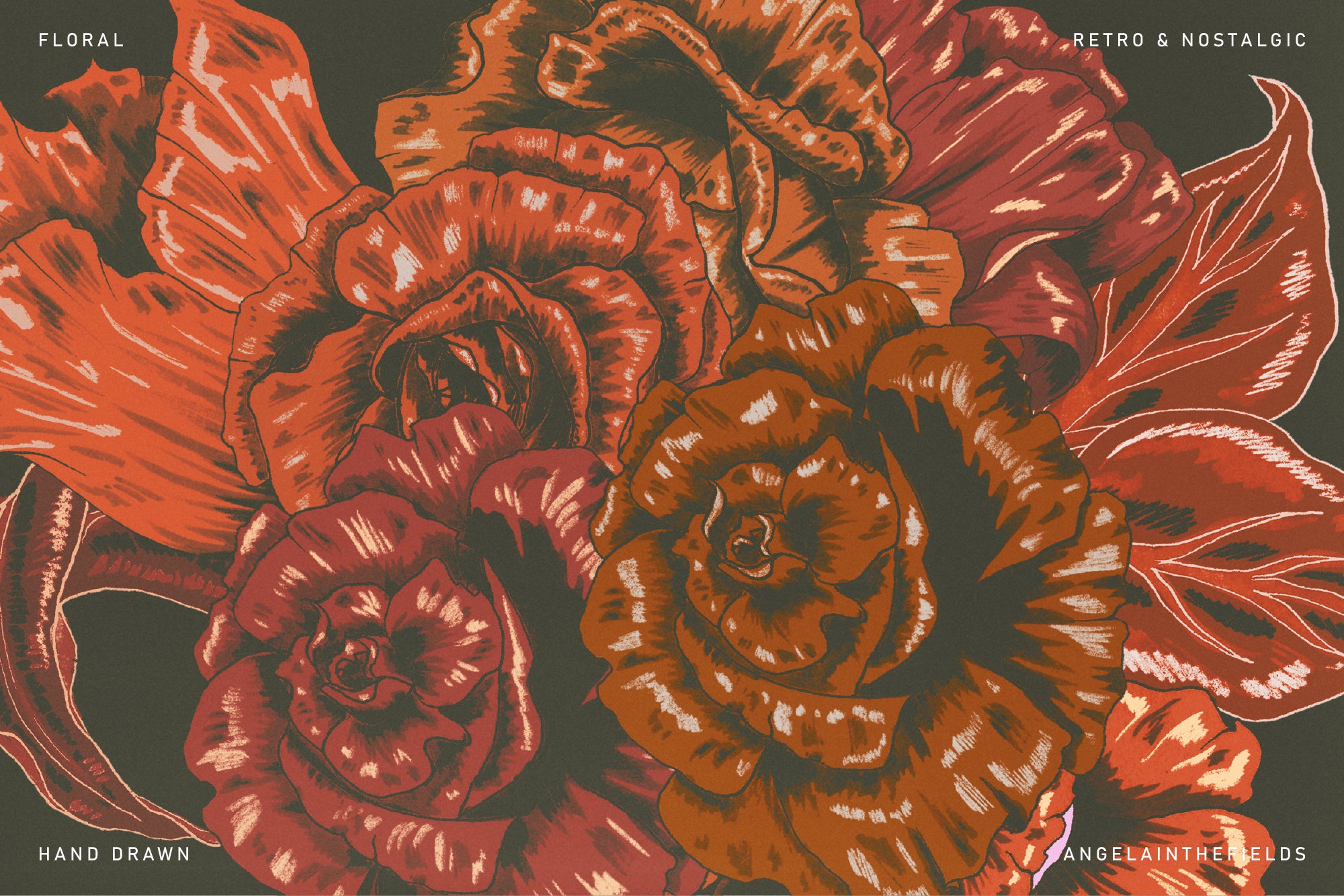 Dark Retro Floral Illustration Set
