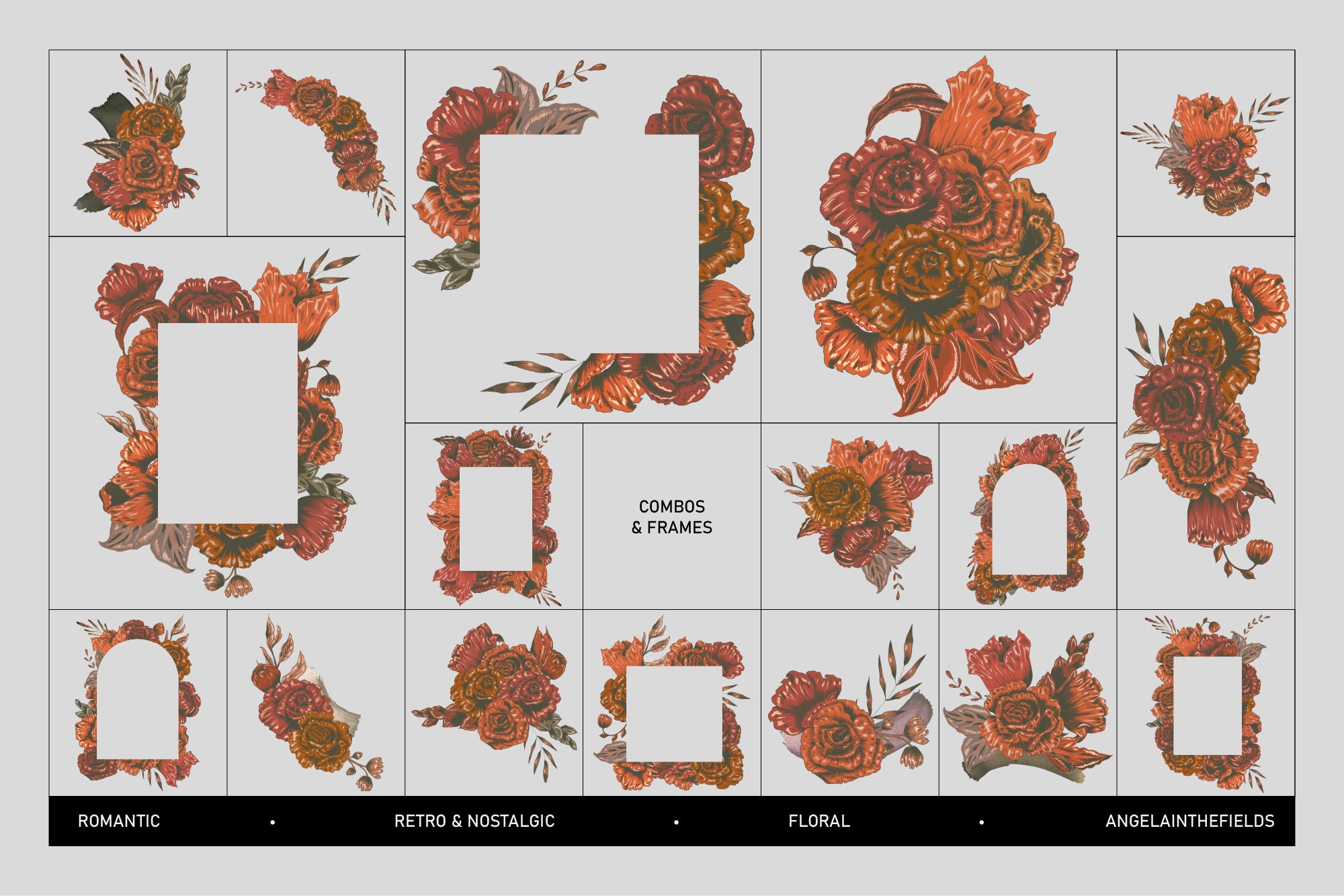 Dark Retro Floral Illustration Set