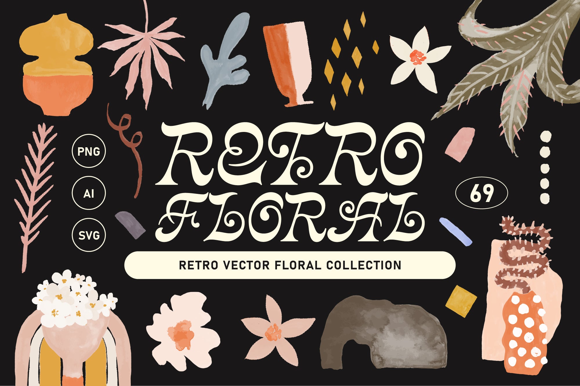 Retrofloral Watercolor Vector Set