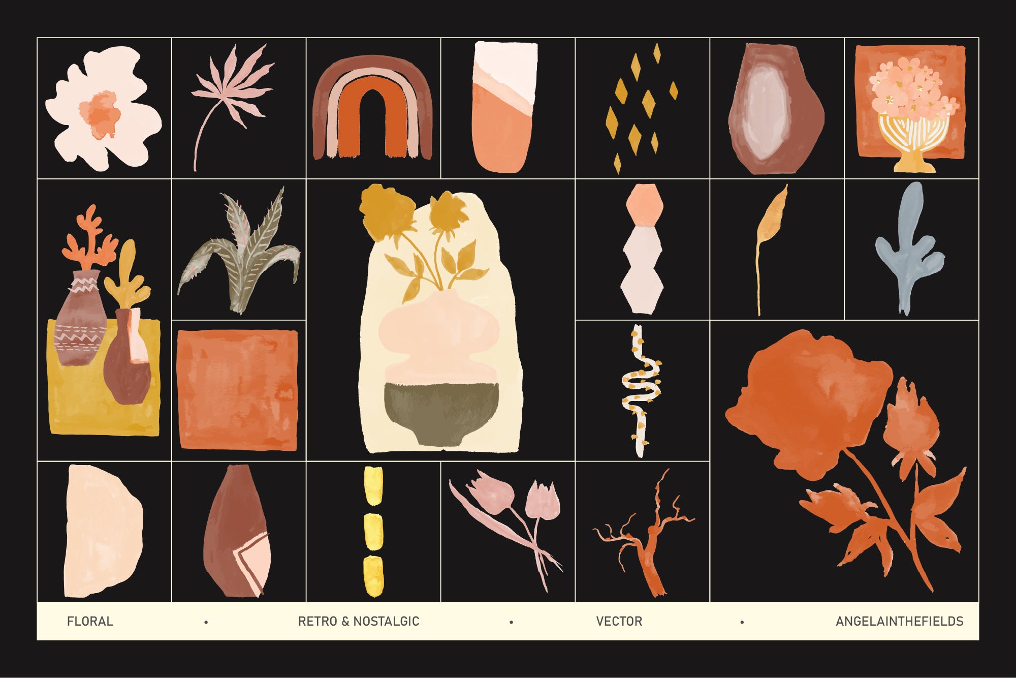 Retrofloral Watercolor Vector Set