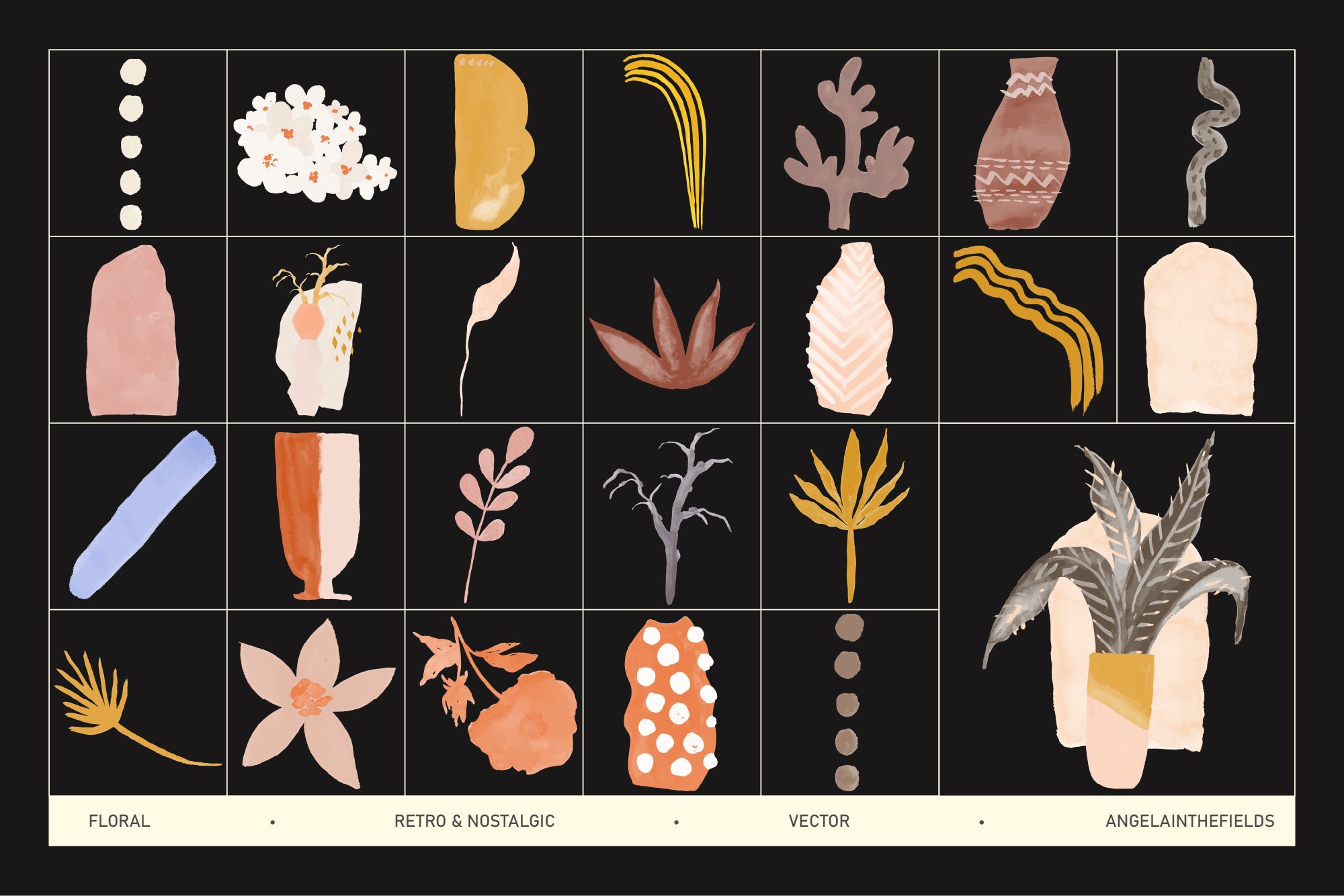 Retrofloral Watercolor Vector Set