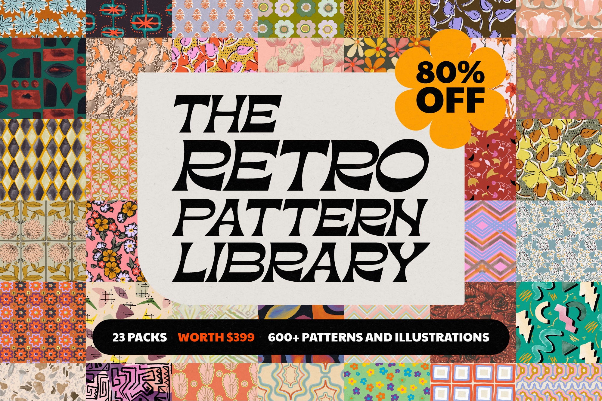 Retro pattern library bundle with bold repeating prints and layered maximalist surface designs ready to use