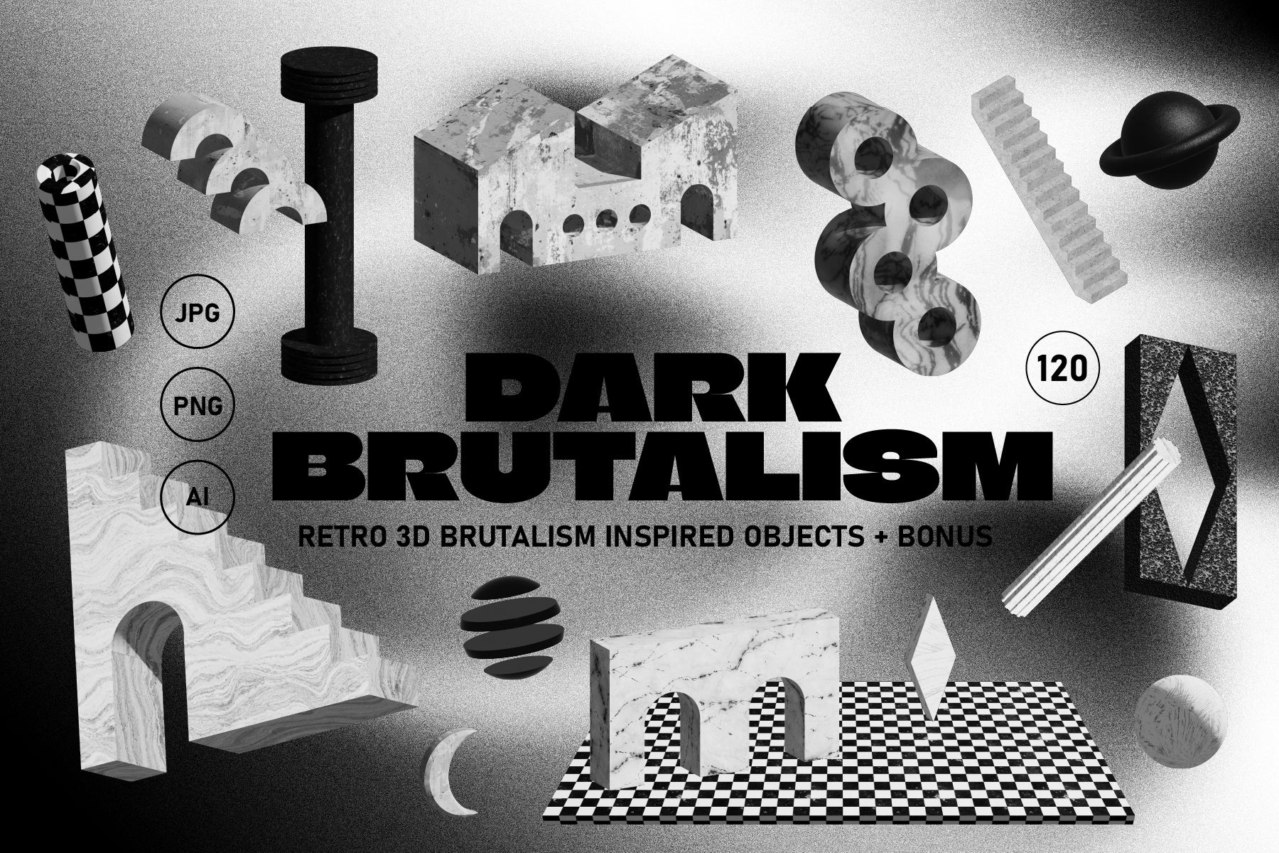 Heavy brutalist 3D elements with raw industrial geometry and dark tonal surfaces for digital design work