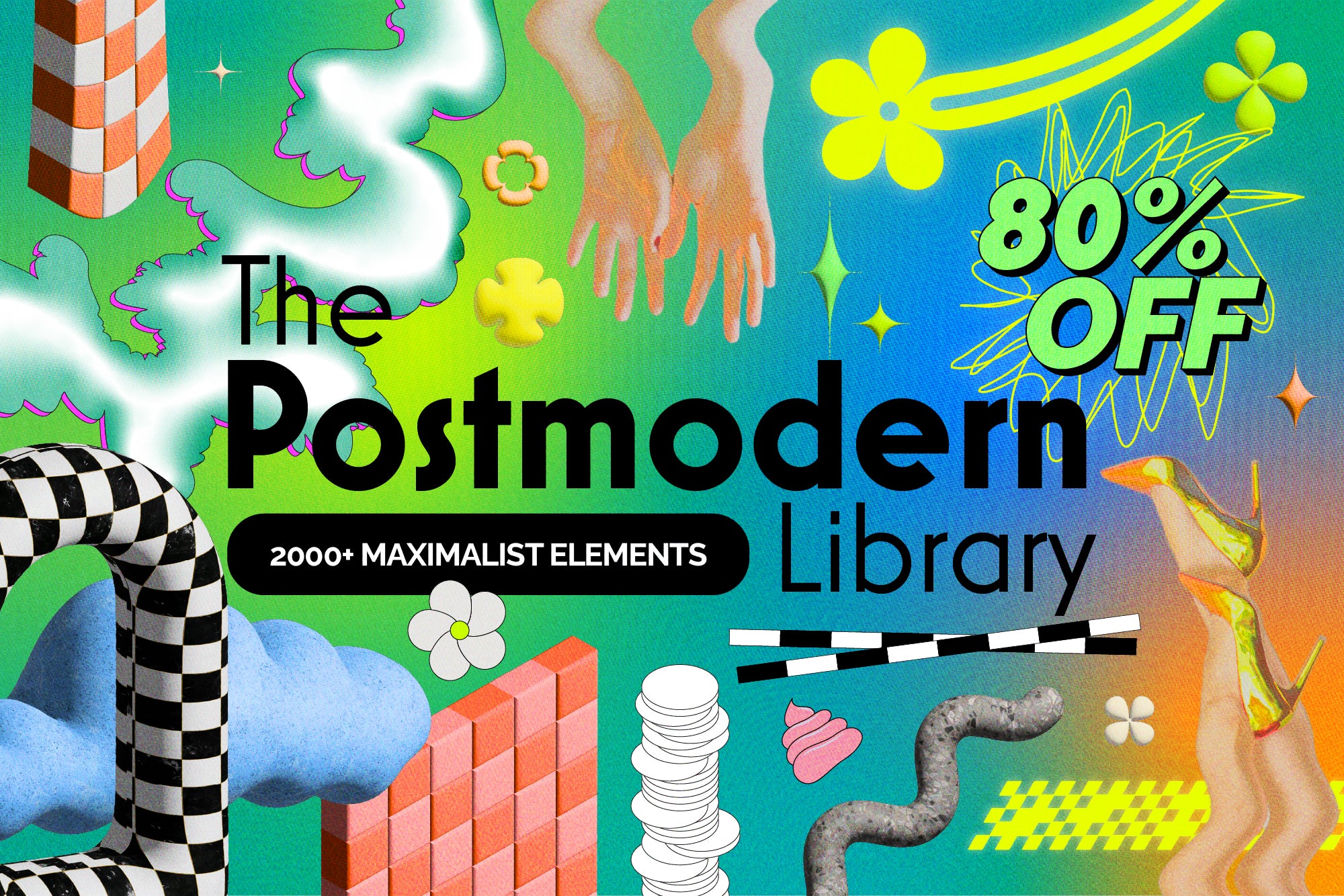 Postmodern retro design library with patterns, textures, type and colour systems across the maximalist spectrum